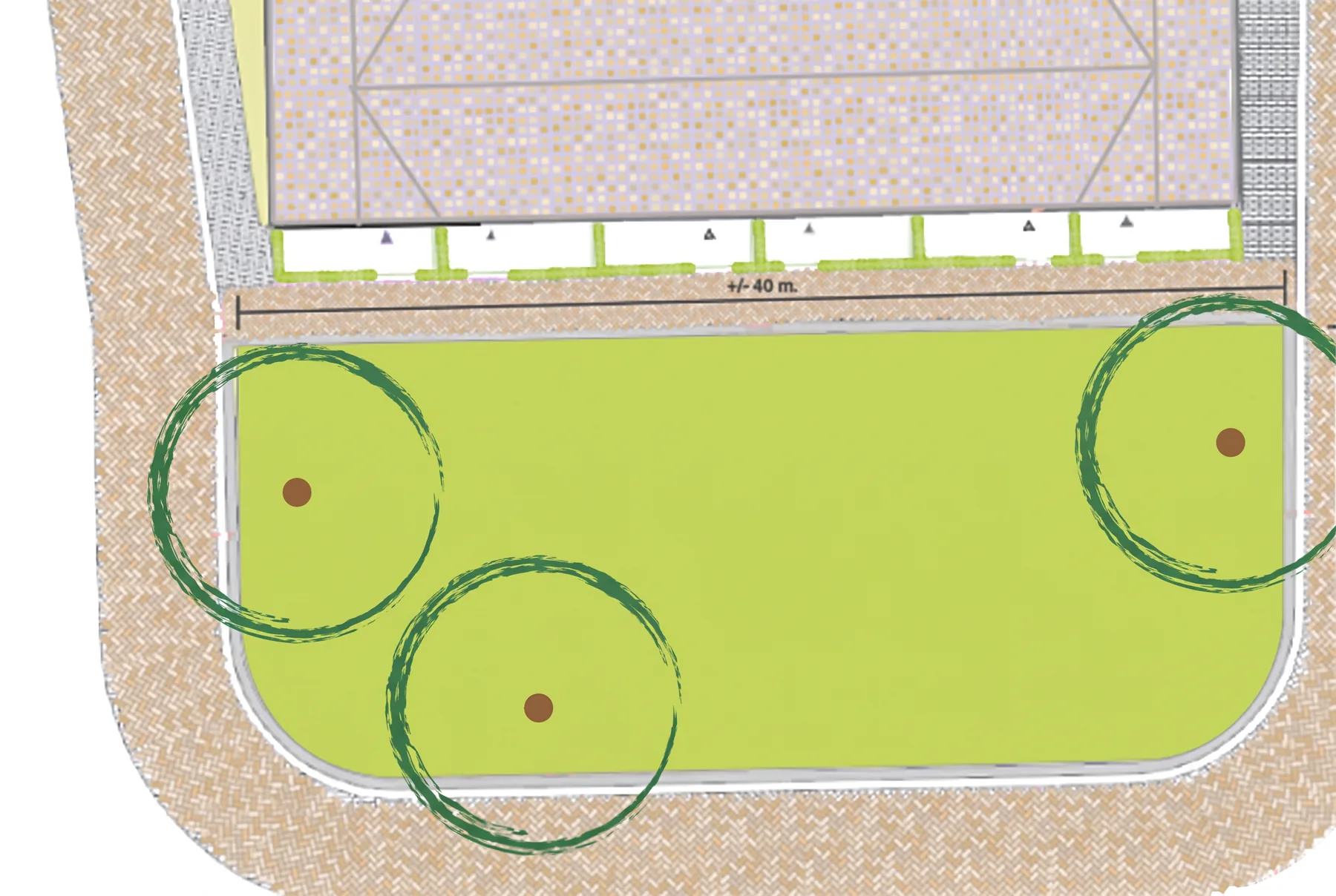 Het oorspronkelijke plan: een grasveld met drie bomen