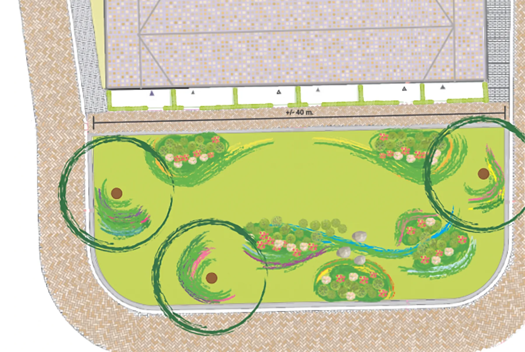 Het ontwerp van Studio van der Park: wadi met kreekje, stapstenen, bloemenmengsel en bomen